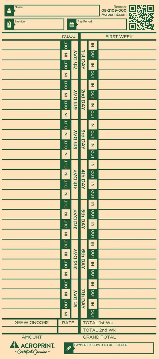 Bi-weekly time cards for Acroprint Model 150, 175, ES700, ES900 TIME CLOCK pack of 1000