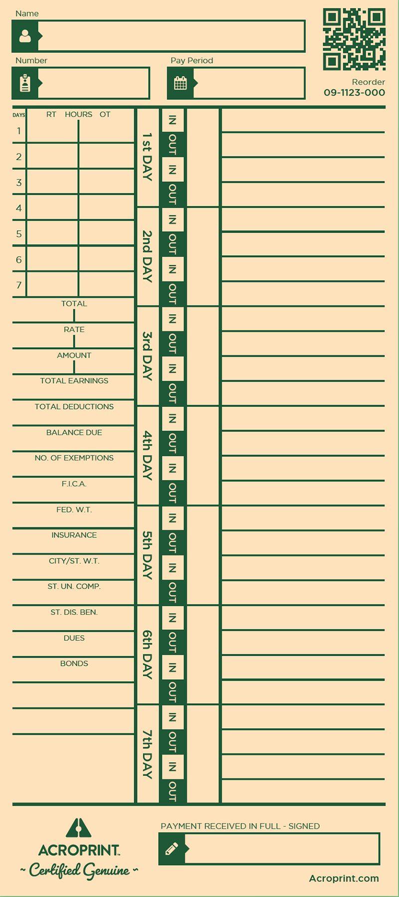 Acroprint 09-1123-000 weekly timecard